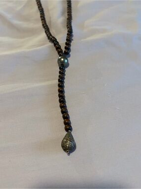 Handcrafted Brownish/Black  Wood Bead Necklace with Antique Silver-Tone Pendant
